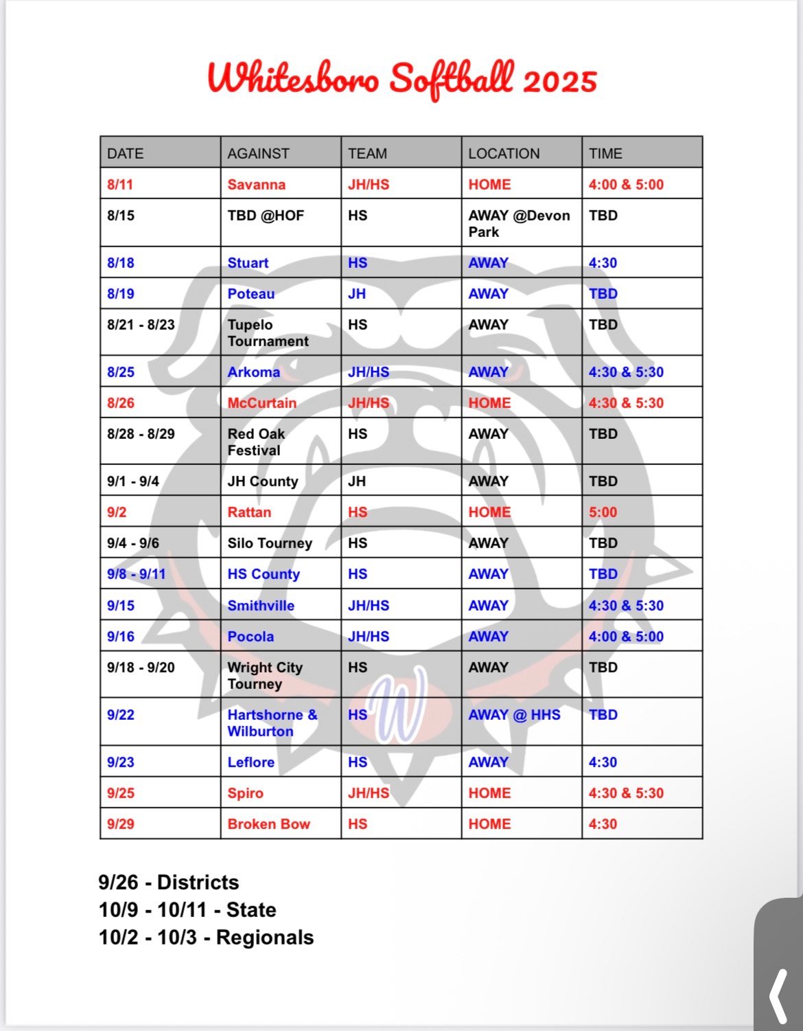 2025 Whitesboro fast pitch softball schedule