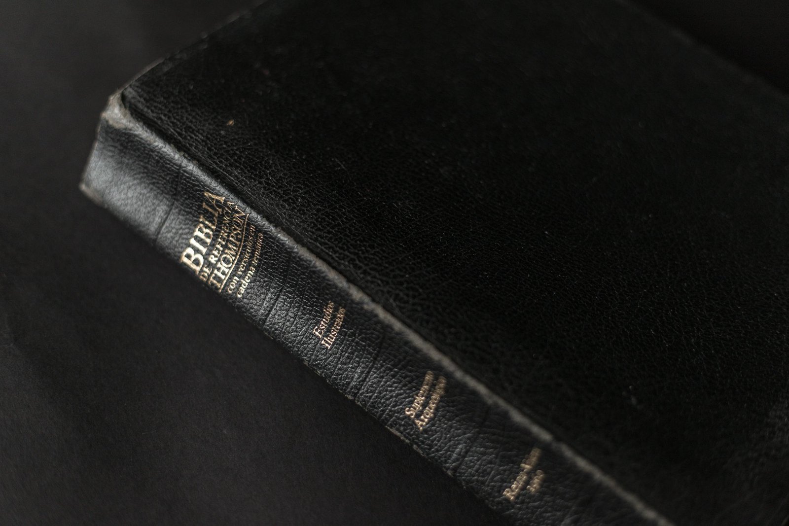 A black leather Bible with gold lettering on the spine, showcasing its textured cover.