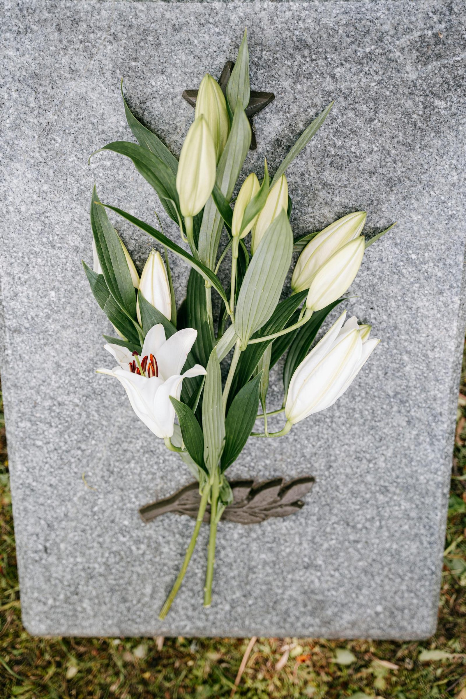 A serene arrangement of white lilies placed on a granite memorial stone, symbolizing peace and remembrance.