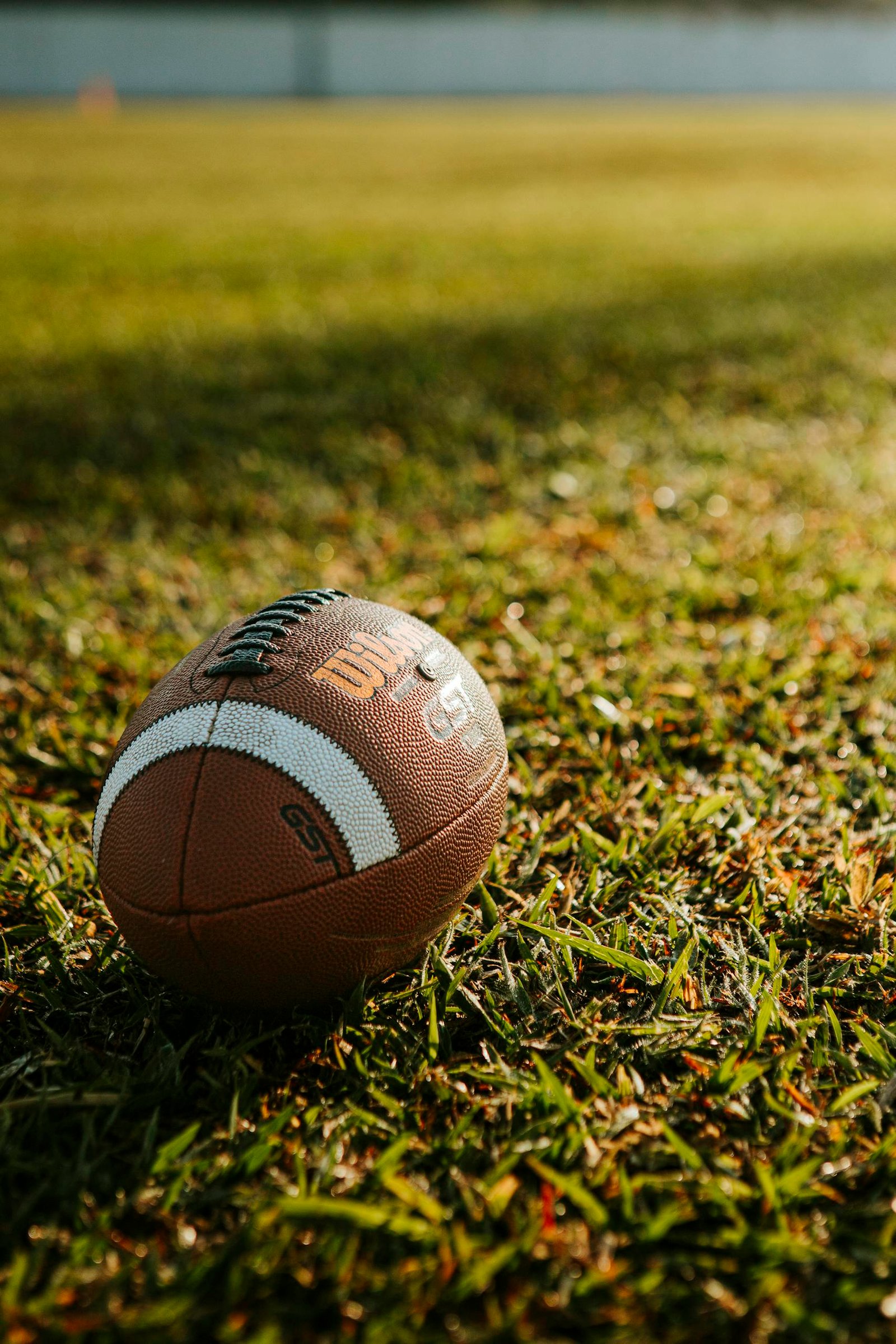 Close-up shot of a football resting on a sunlit grass field, ideal for sports themes.