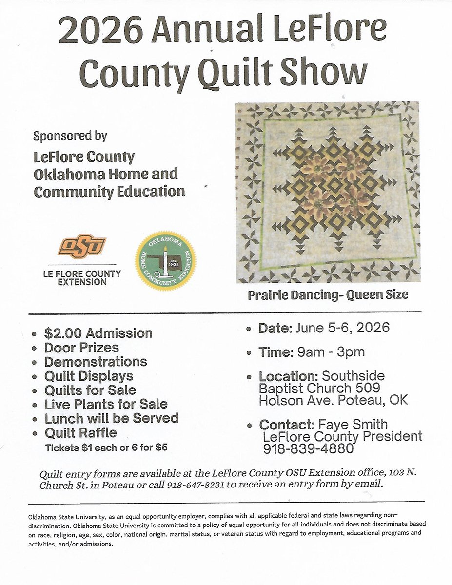 2026 LeFlore County Quilt Show, Friday and Saturday in Poteau.