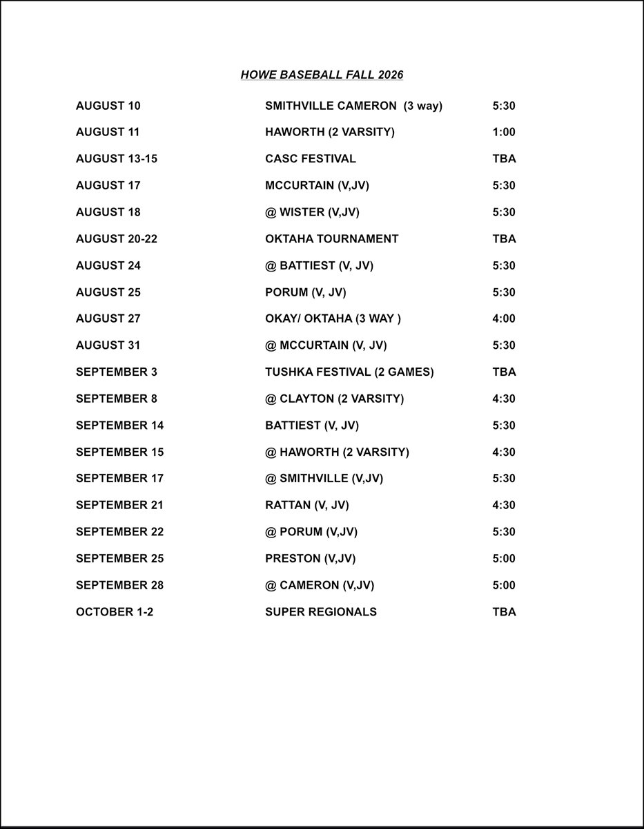 2026 Howe fall baseball schedule 1 2026 Howe fall baseball schedule